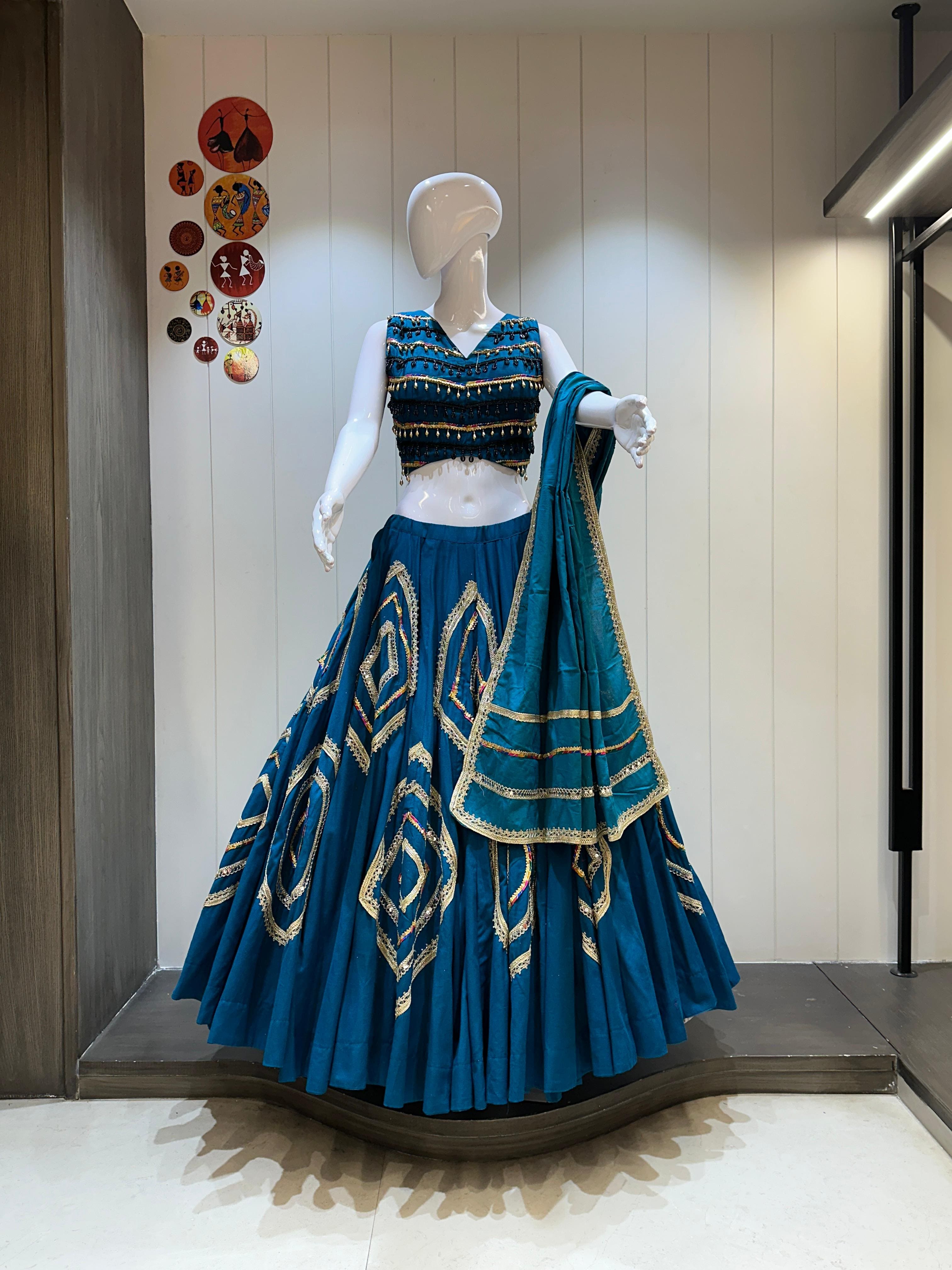 Blue Chaniya Choli with Heavy Lace Pattern and Cotton Dupatta