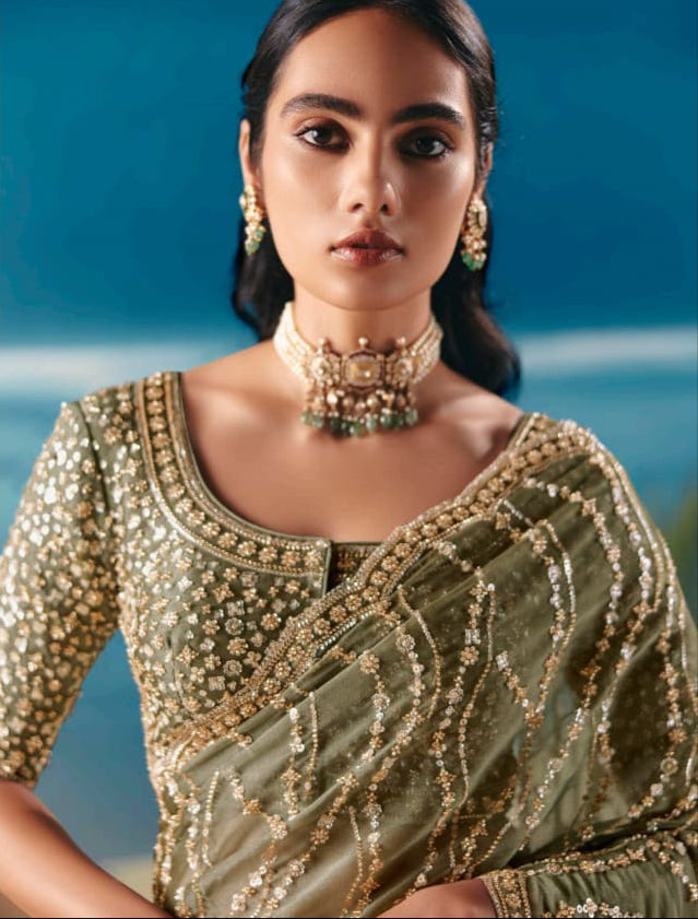 Light Olive Fancy Satin Organza Silk Zari Embroidered Sequins With Bridal Saree
