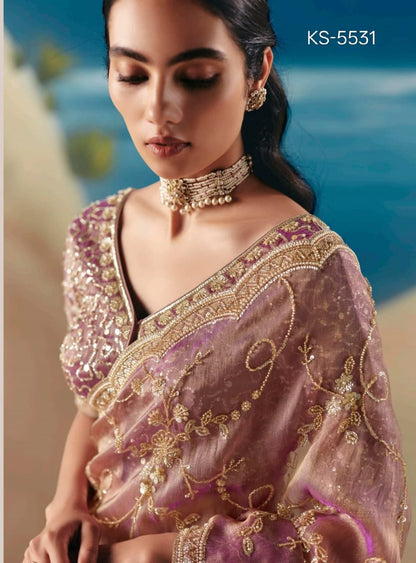 Onion Pink Fancy Organza Silk Zari Embroidered Sequins With Bridal Saree 