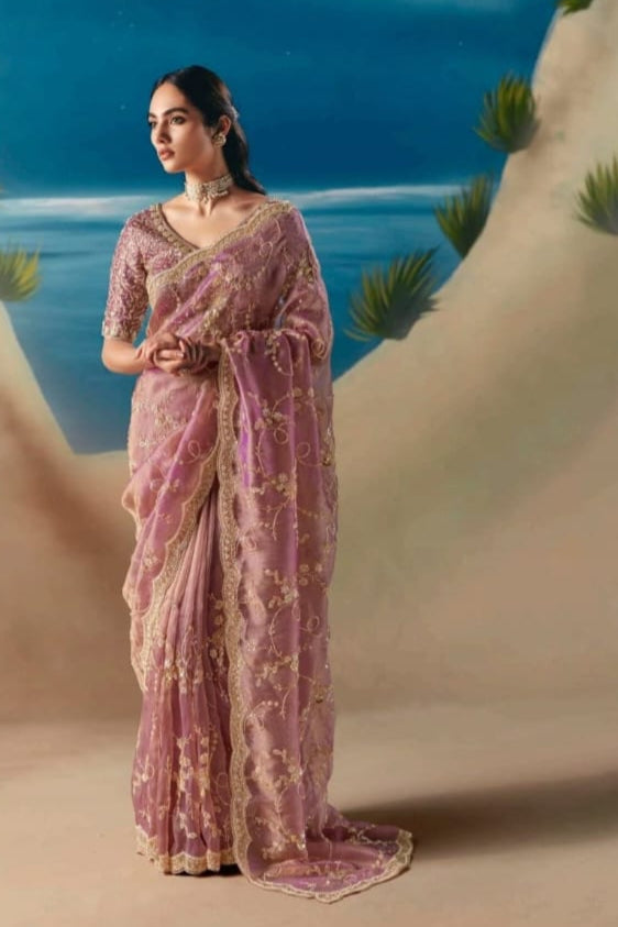 Onion Pink Fancy Organza Silk Zari Embroidered Sequins With Bridal Saree 