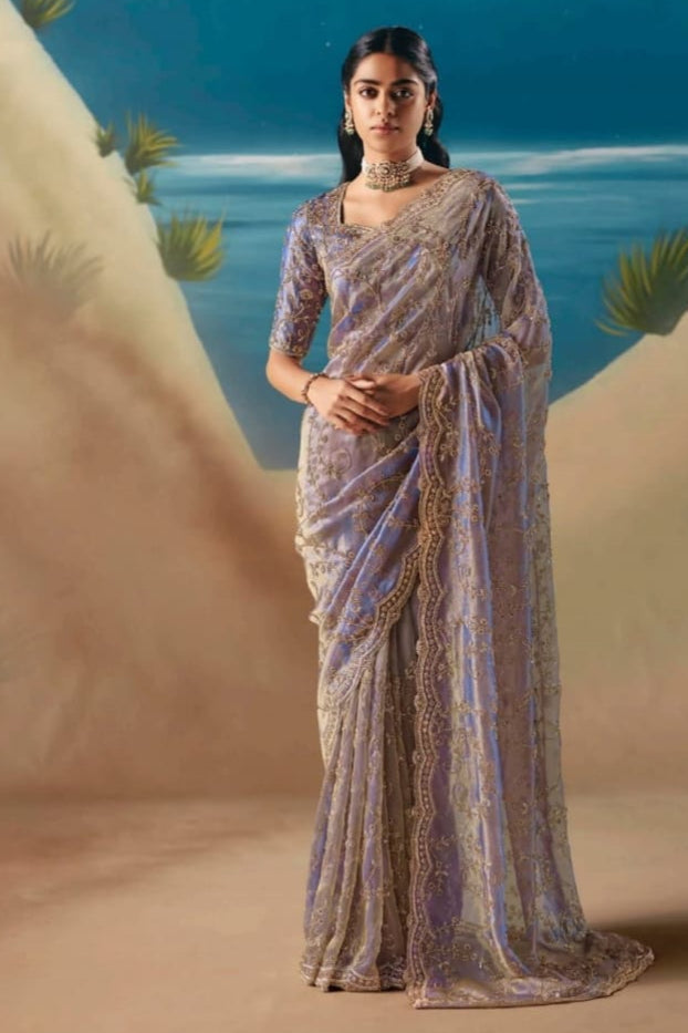 Lavender Fancy Organza Silk Zari Embroidered Sequins With Bridal Saree