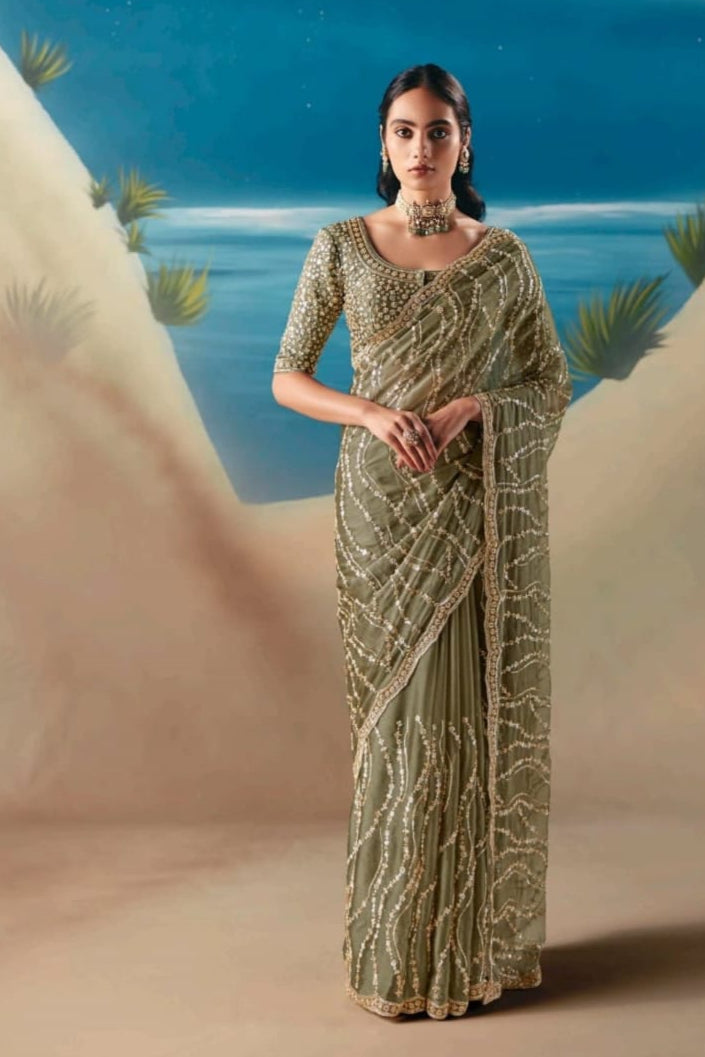 Light Olive Fancy Satin Organza Silk Zari Embroidered Sequins With Bridal Saree