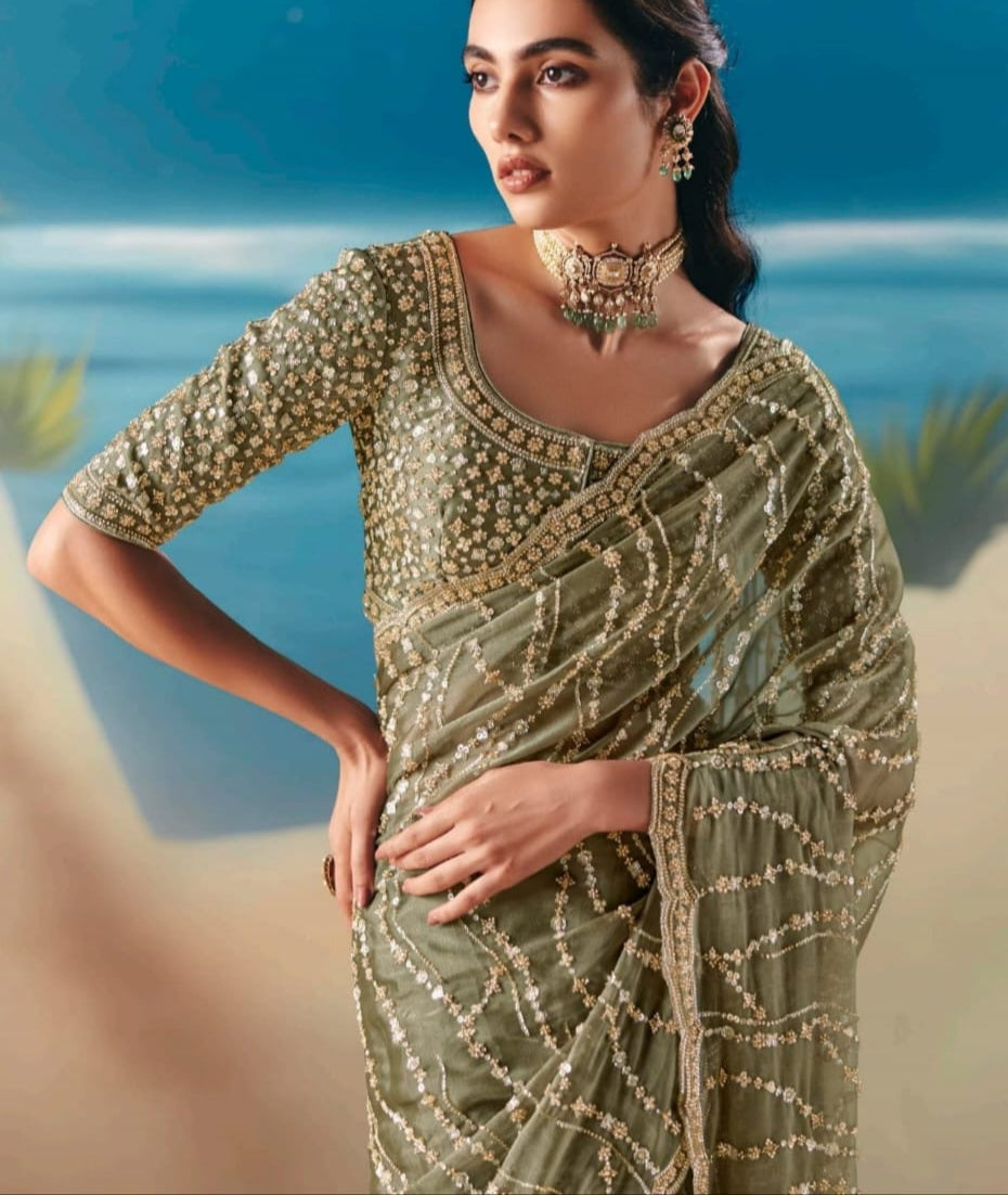 Light Olive Fancy Satin Organza Silk Zari Embroidered Sequins With Bridal Saree 
