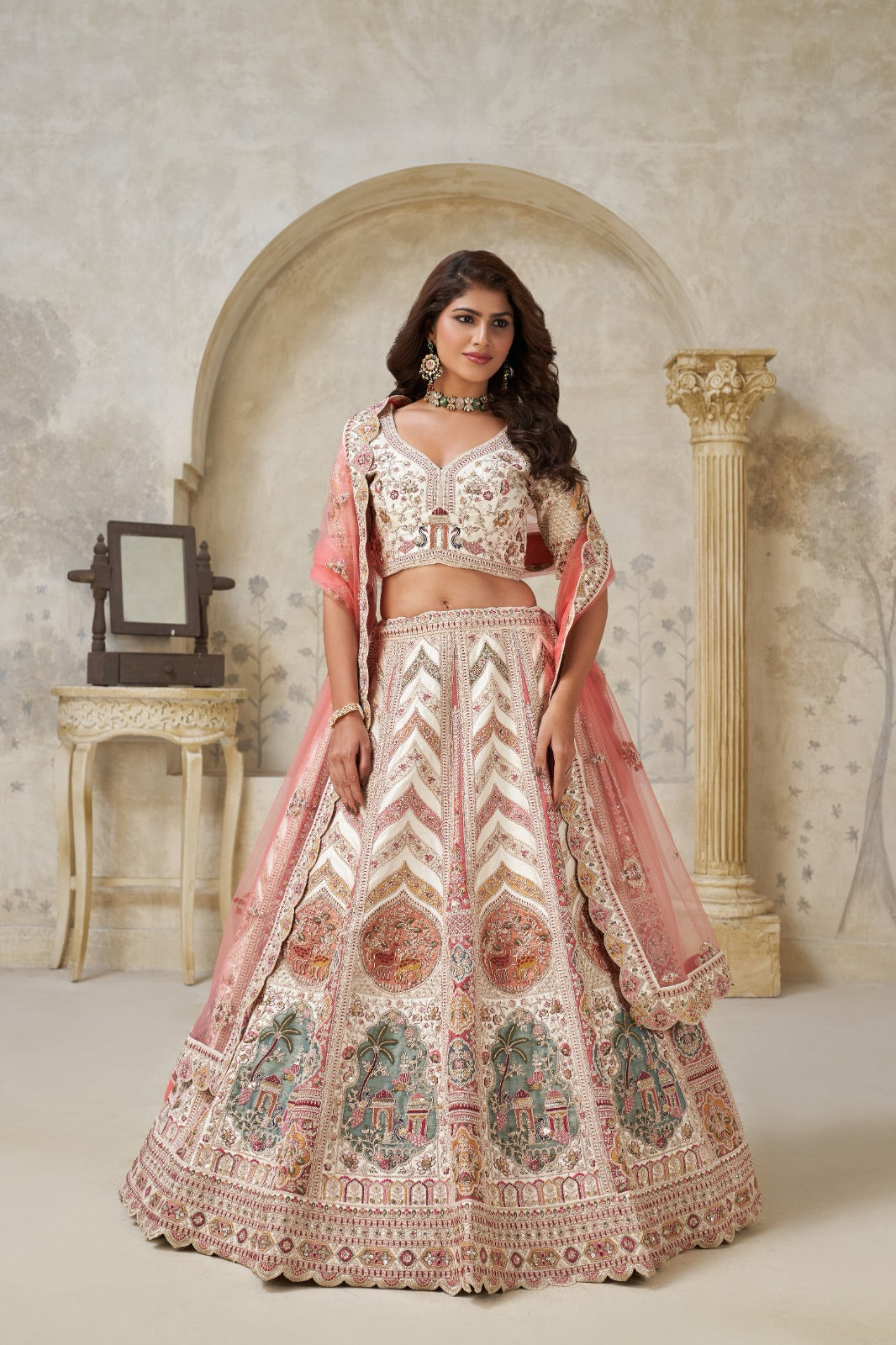Cream Silk Lehenga with White Dori & Multicolor Embroidery