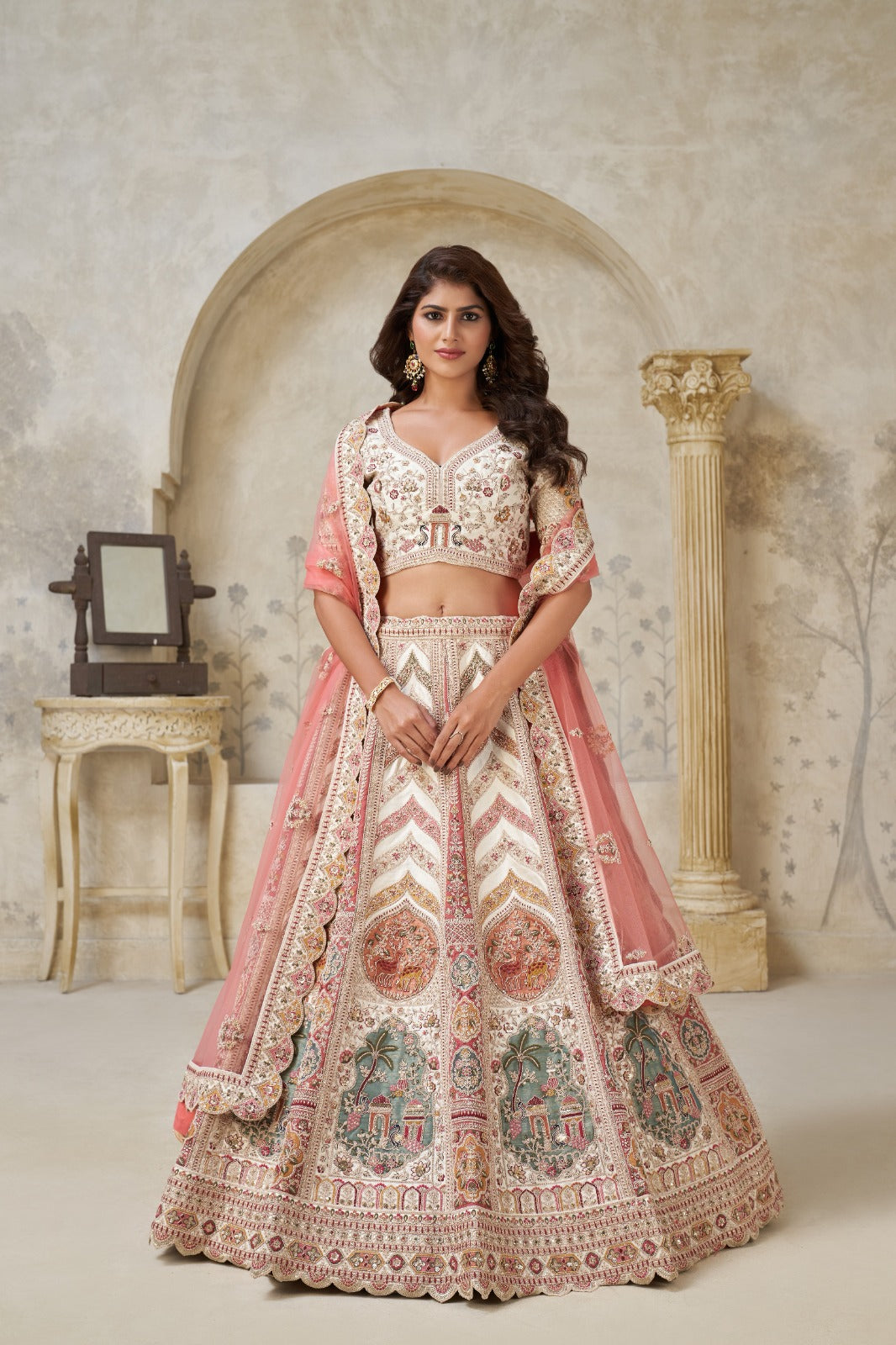 Cream Silk Lehenga with White Dori & Multicolor Embroidery