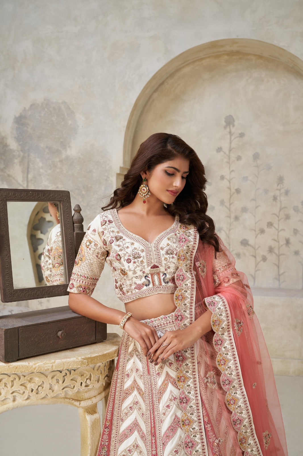 Cream Silk Lehenga with White Dori &amp; Multicolor Embroidery Silk lehenga Anant Tex Exports Pvt.Ltd..