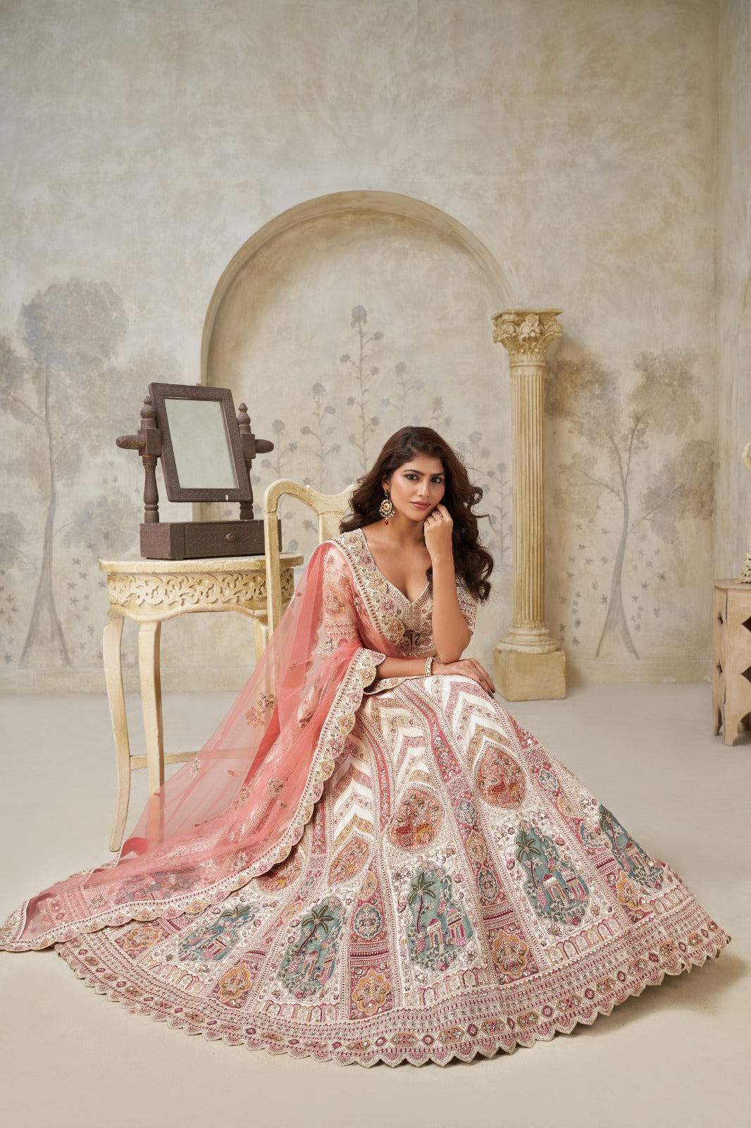 Cream Silk Lehenga with White Dori & Multicolor Embroidery