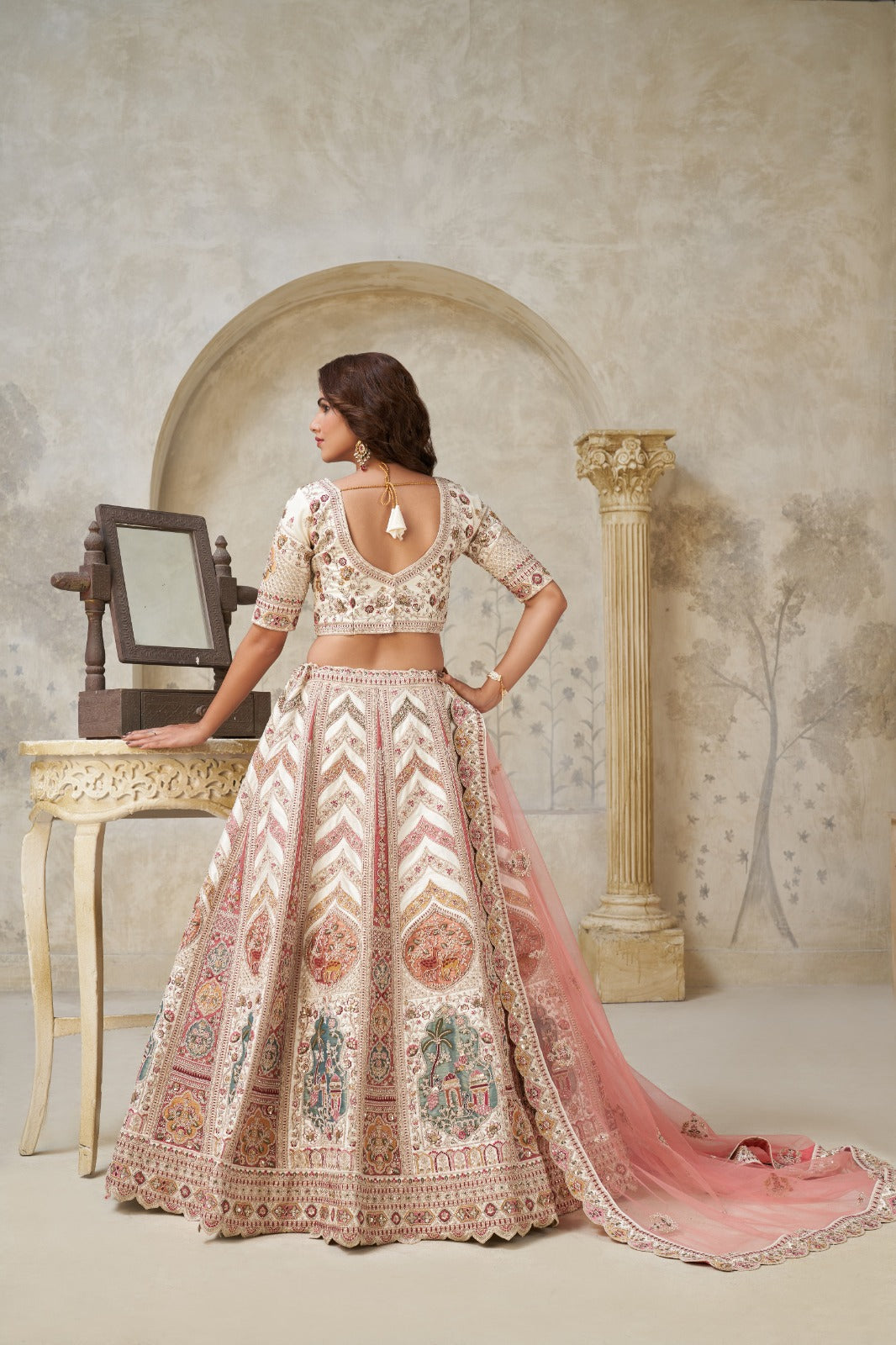 Cream Silk Lehenga with White Dori & Multicolor Embroidery