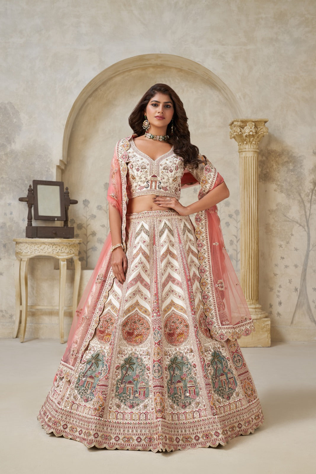 Cream Silk Lehenga with White Dori & Multicolor Embroidery