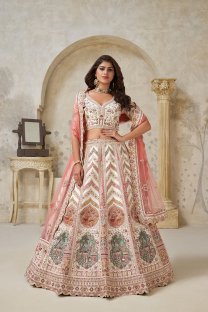 Cream Silk Lehenga with White Dori &amp; Multicolor Embroidery Silk lehenga Anant Tex Exports Pvt.Ltd..