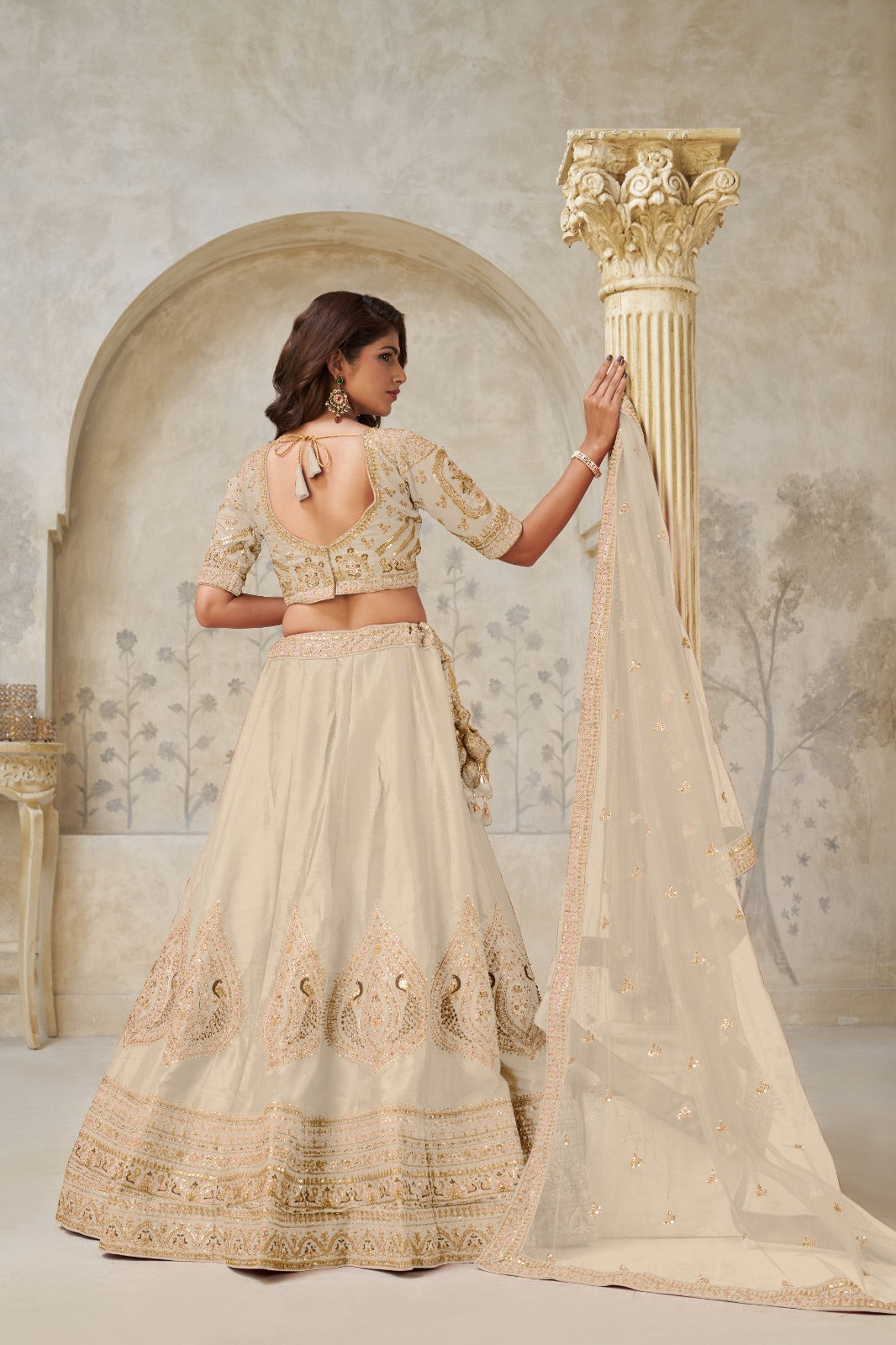 Beige Silk Wedding Lehenga with Leaf Embroidery and Soft Net Dupatta