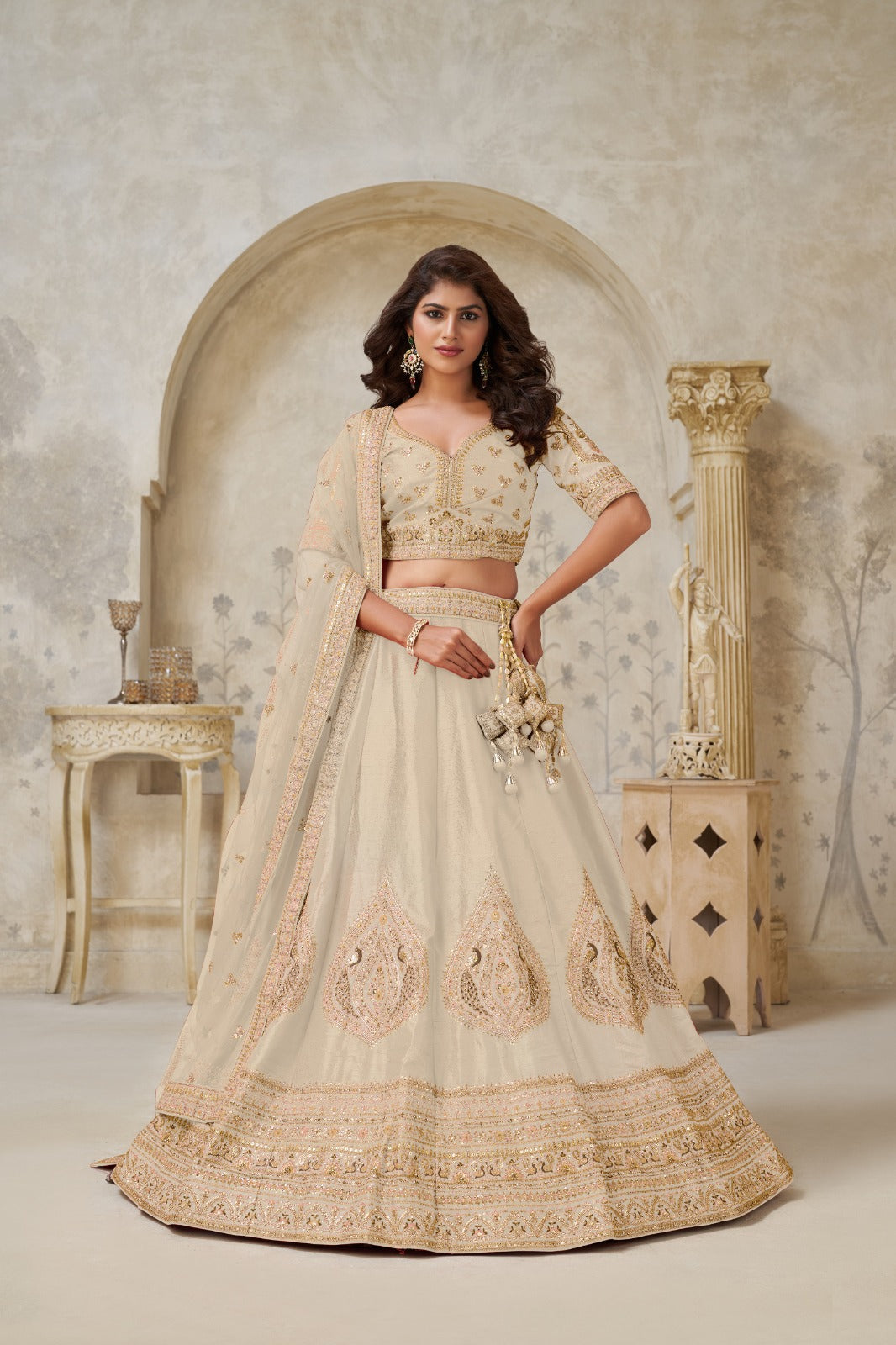 Beige Silk Wedding Lehenga with Leaf Embroidery and Soft Net Dupatta
