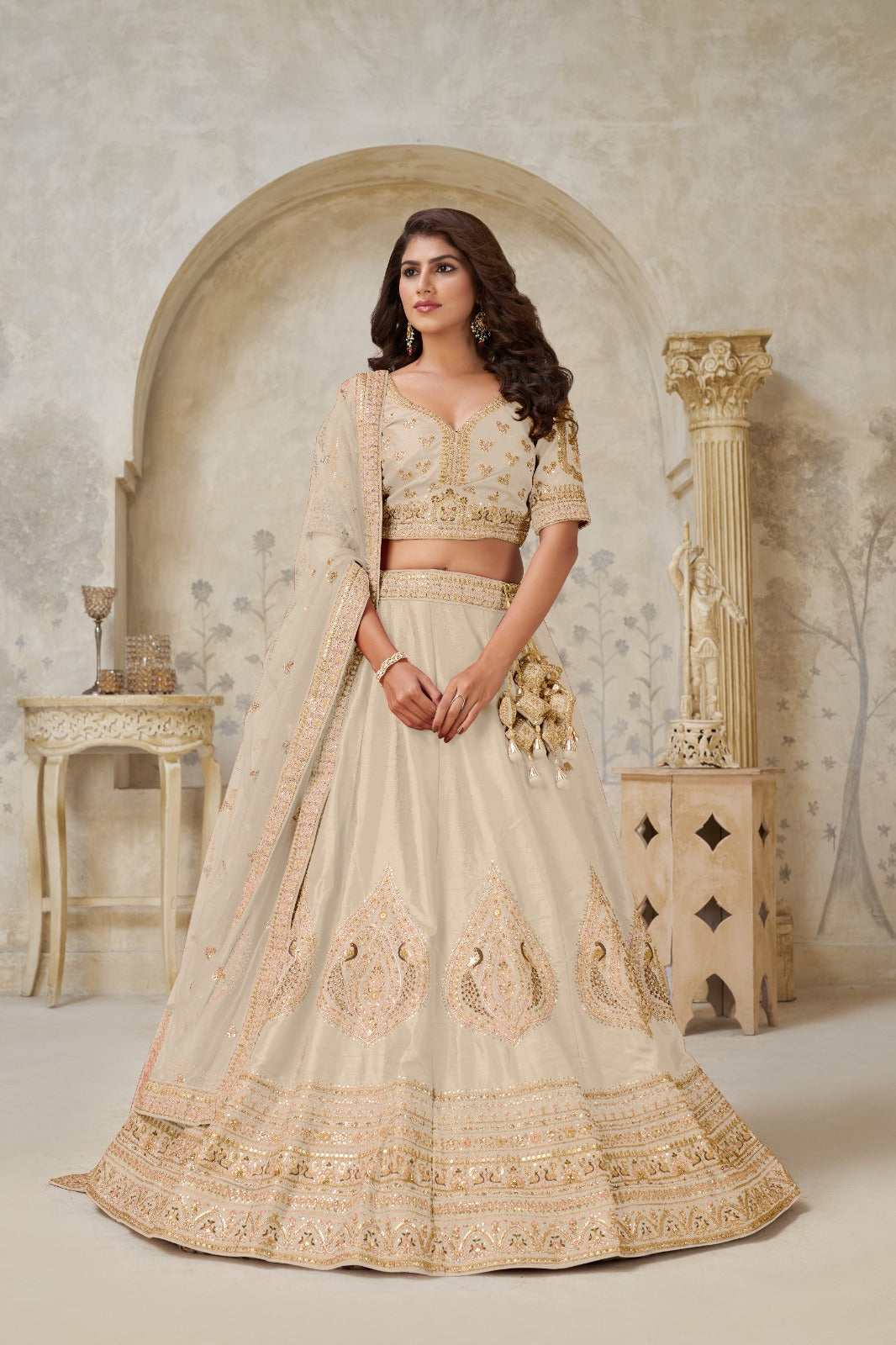 Beige Silk Wedding Lehenga with Leaf Embroidery and Soft Net Dupatta