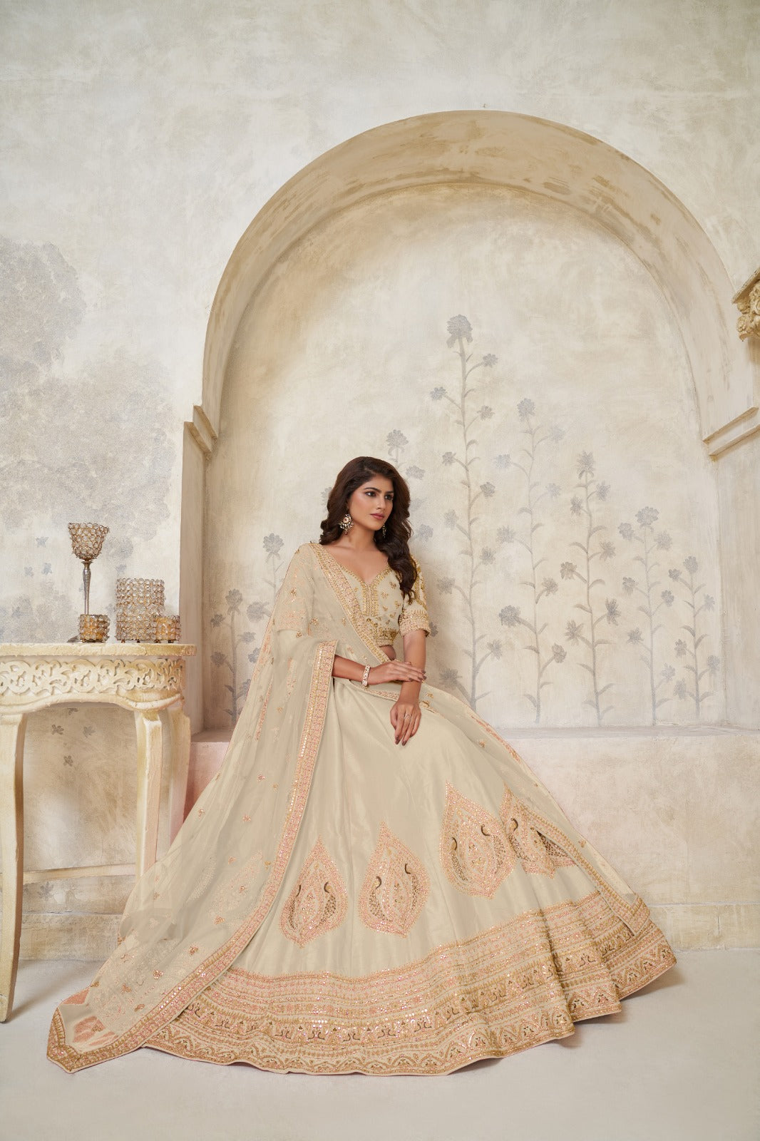 Beige Silk Wedding Lehenga with Leaf Embroidery and Soft Net Dupatta