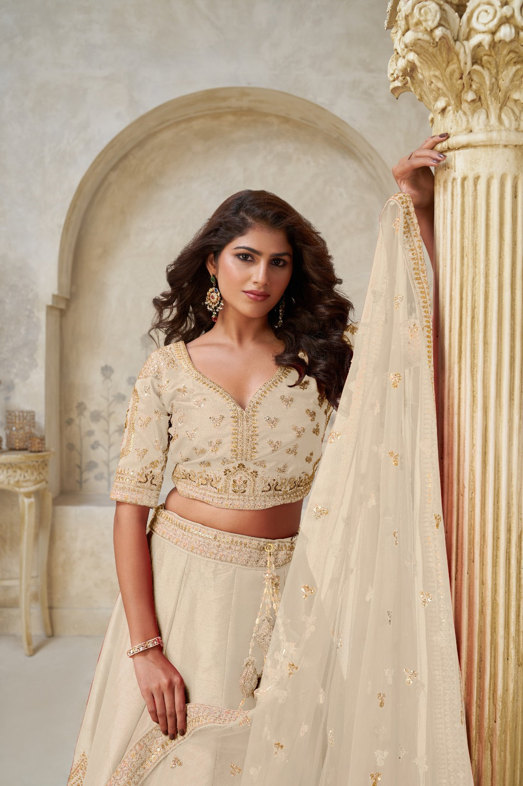 Beige Silk Wedding Lehenga with Leaf Embroidery and Soft Net Dupatta