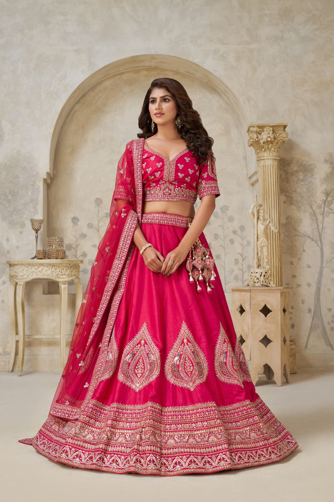 Pink Bridal Silk Lehenga with Heavy Zari and Mirror Embroidery Work