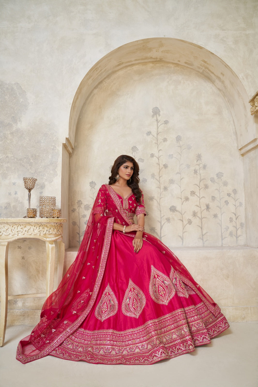 Pink Bridal Silk Lehenga with Heavy Zari and Mirror Embroidery Work