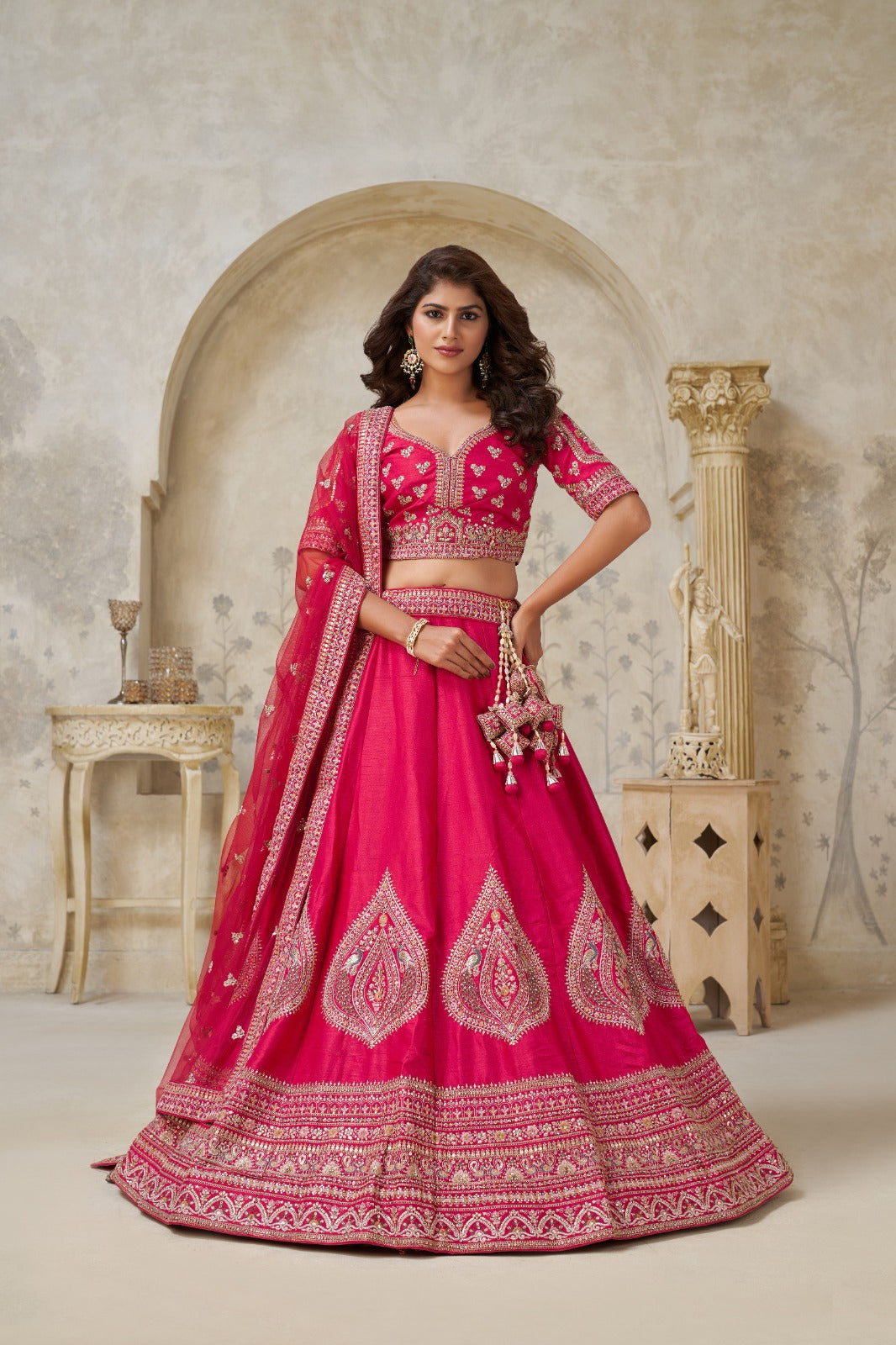 Pink Bridal Silk Lehenga with Heavy Zari and Mirror Embroidery Work