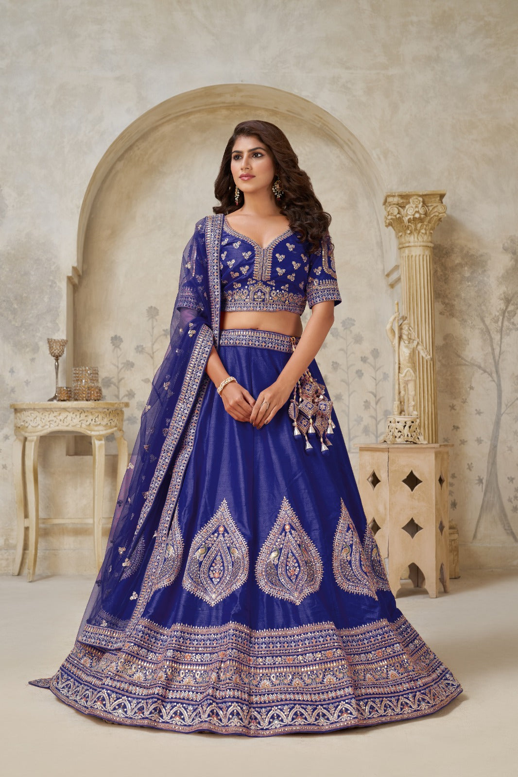 Royal Blue Silk Wedding Lehenga with Intricate Leaf Embroidery
