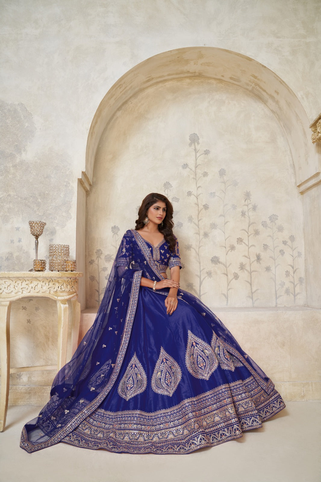 Royal Blue Silk Wedding Lehenga with Intricate Leaf Embroidery