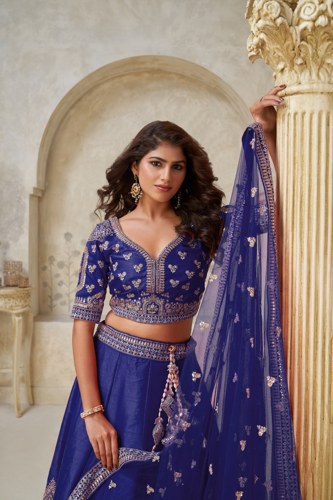 Royal Blue Silk Wedding Lehenga with Intricate Leaf Embroidery