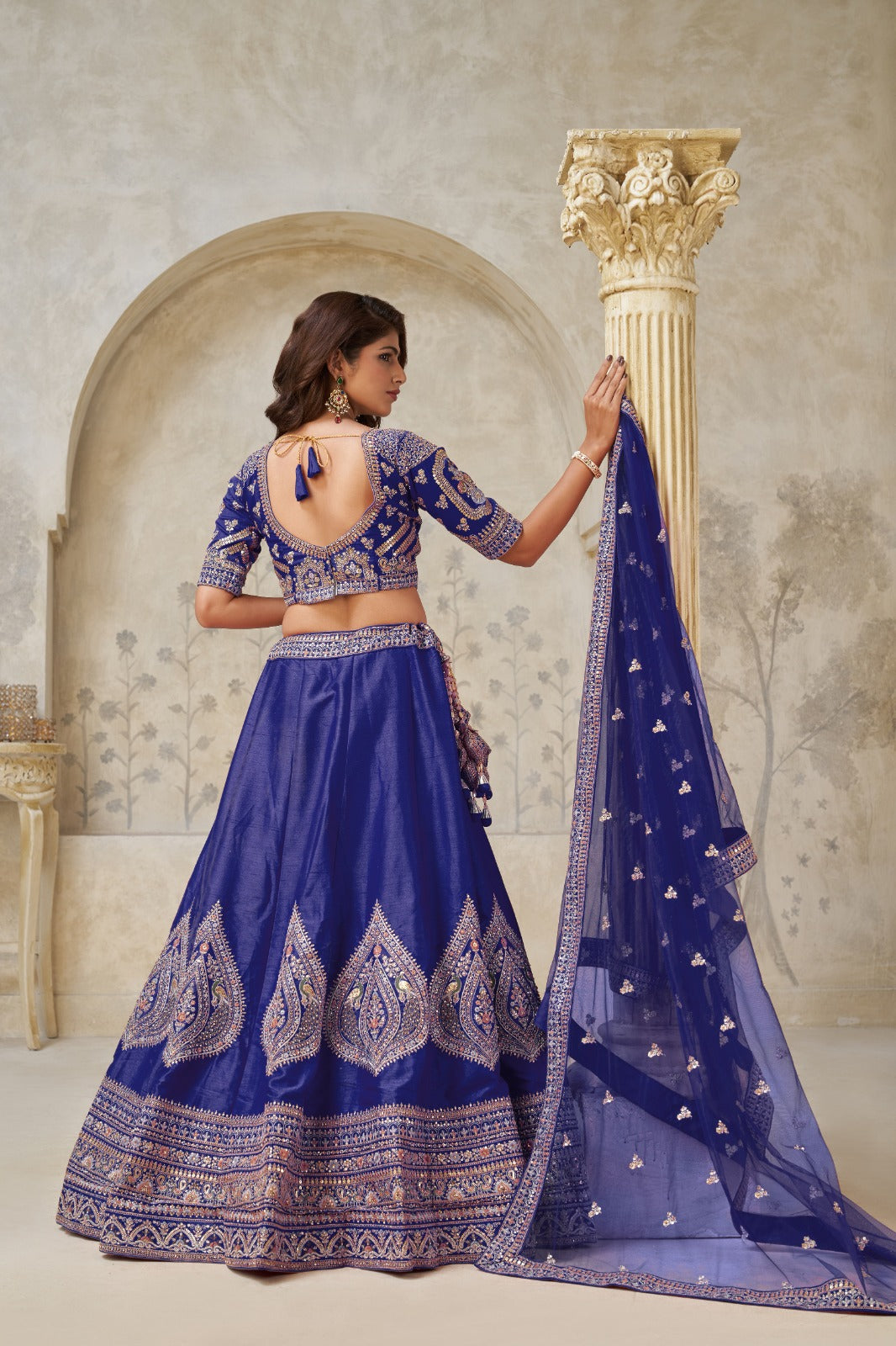 Royal Blue Silk Wedding Lehenga with Intricate Leaf Embroidery