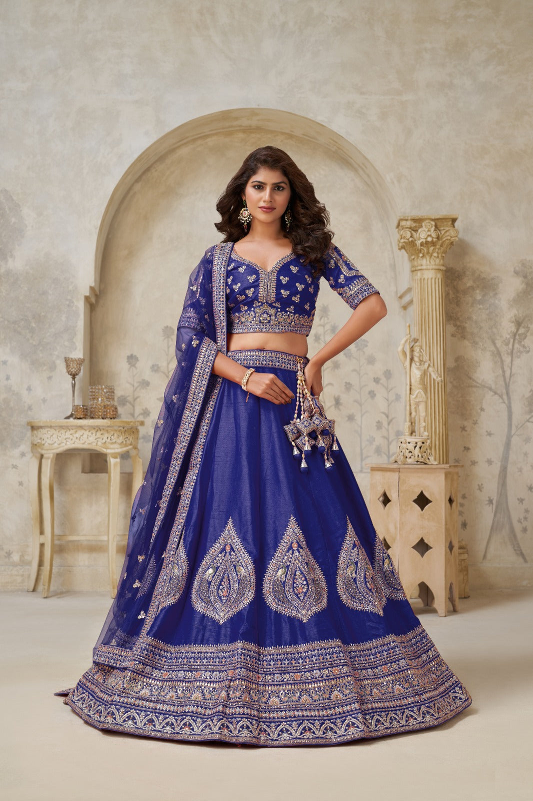 Royal Blue Silk Wedding Lehenga with Intricate Leaf Embroidery