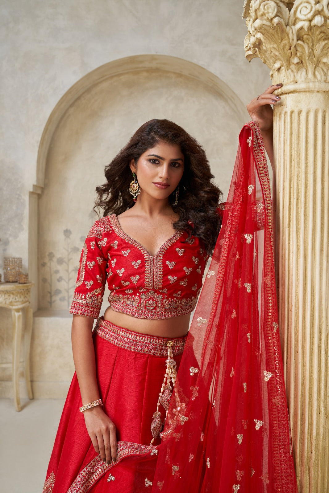 Red Silk Bridal Lehenga with Heavy Leaf Embroidery and Net Dupatta