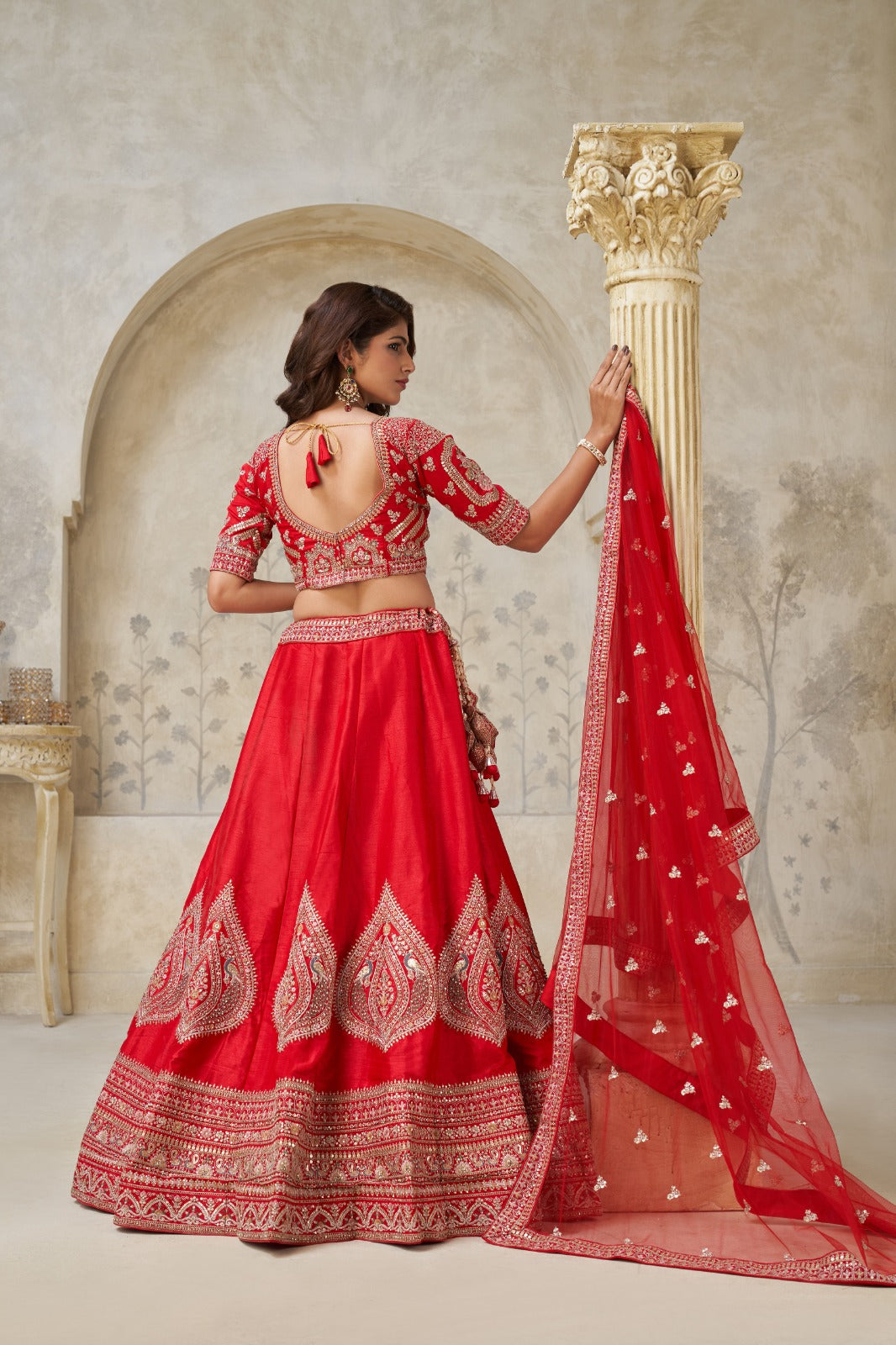 Red Silk Bridal Lehenga with Heavy Leaf Embroidery and Net Dupatta