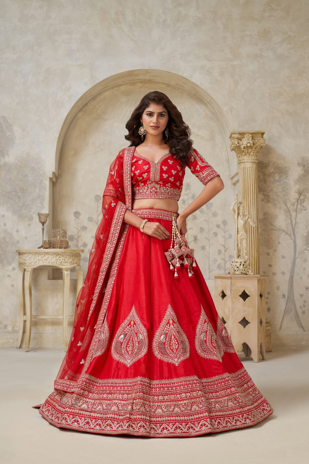 Red Silk Bridal Lehenga with Heavy Leaf Embroidery and Net Dupatta