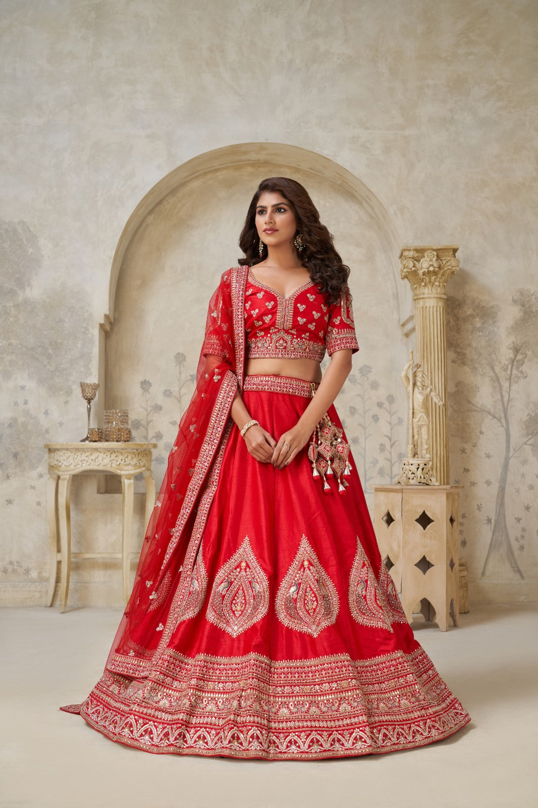 Red Silk Bridal Lehenga with Heavy Leaf Embroidery and Net Dupatta