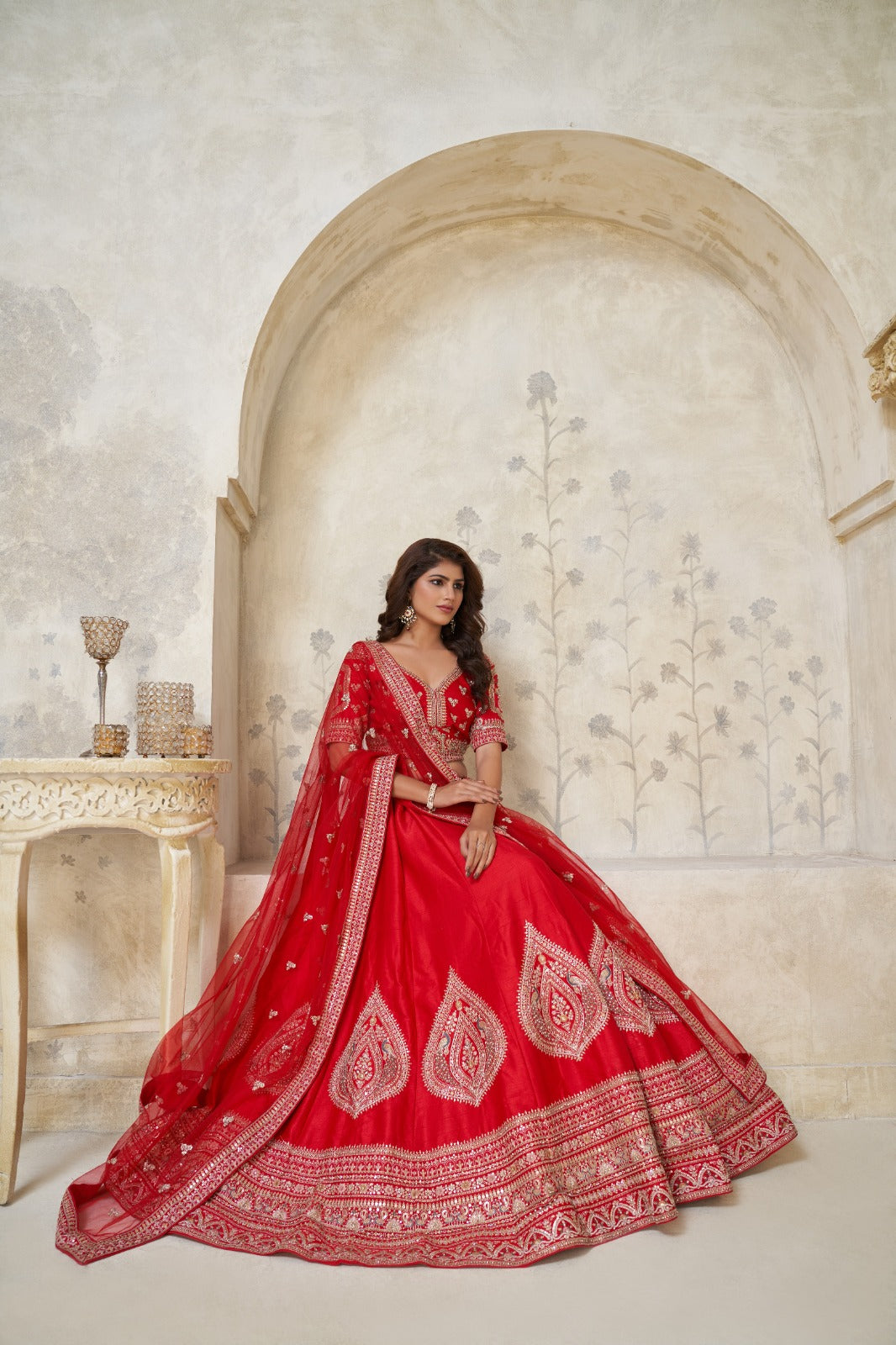 Red Silk Bridal Lehenga with Heavy Leaf Embroidery and Net Dupatta
