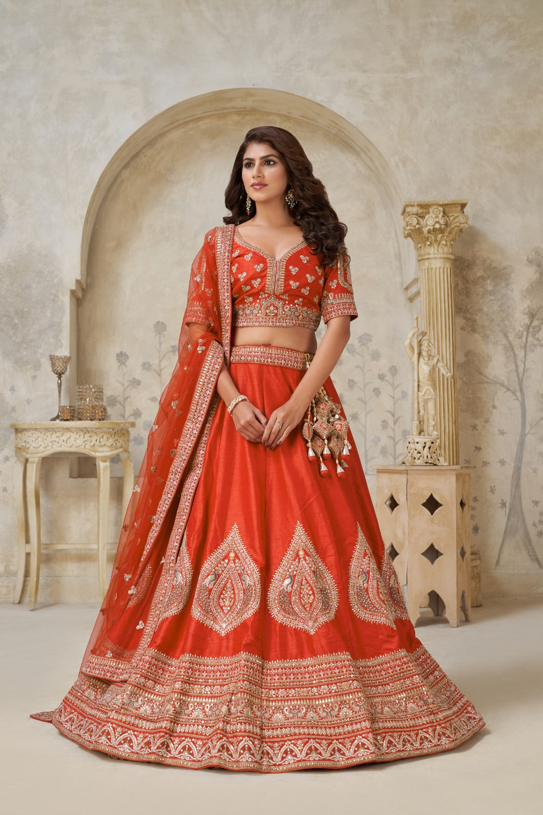 Rust Orange Silk Lehenga with Heavy Zari Leaf Embroidery