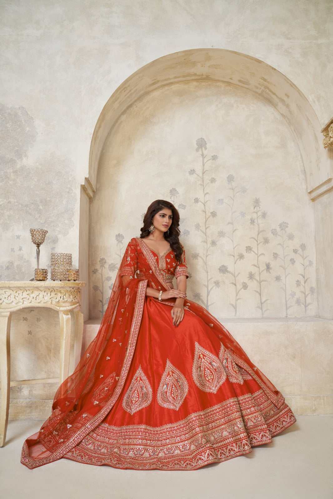 Rust Orange Silk Lehenga with Heavy Zari Leaf Embroidery