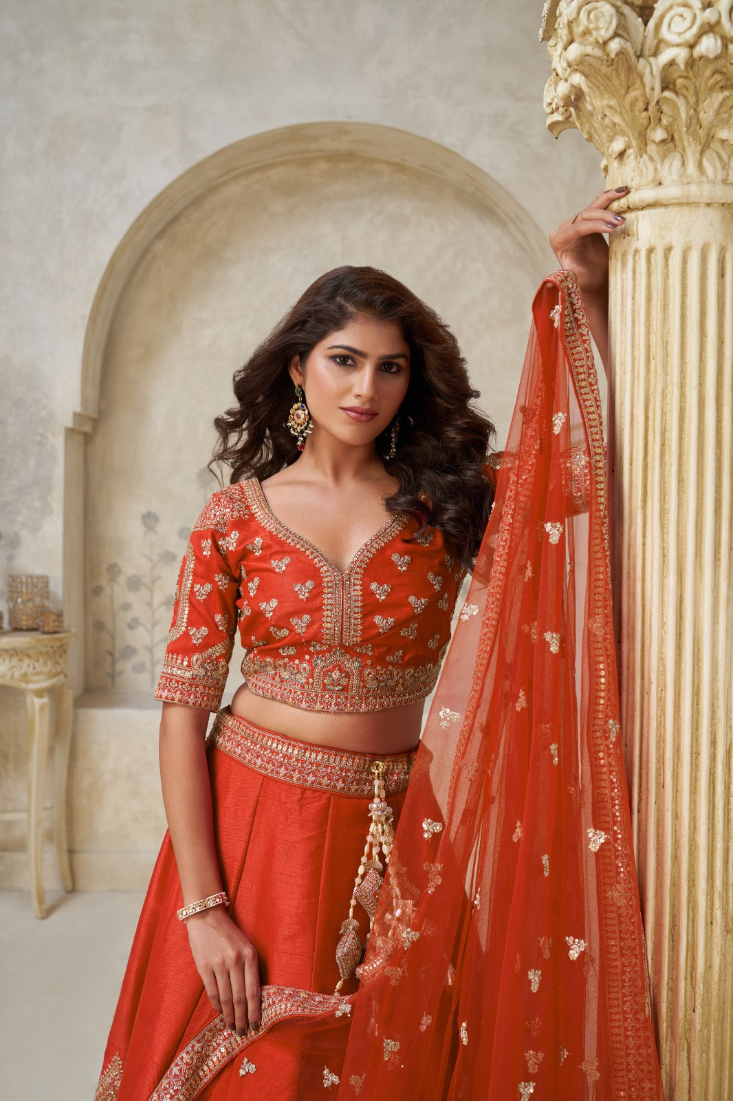 Rust Orange Silk Lehenga with Heavy Zari Leaf Embroidery