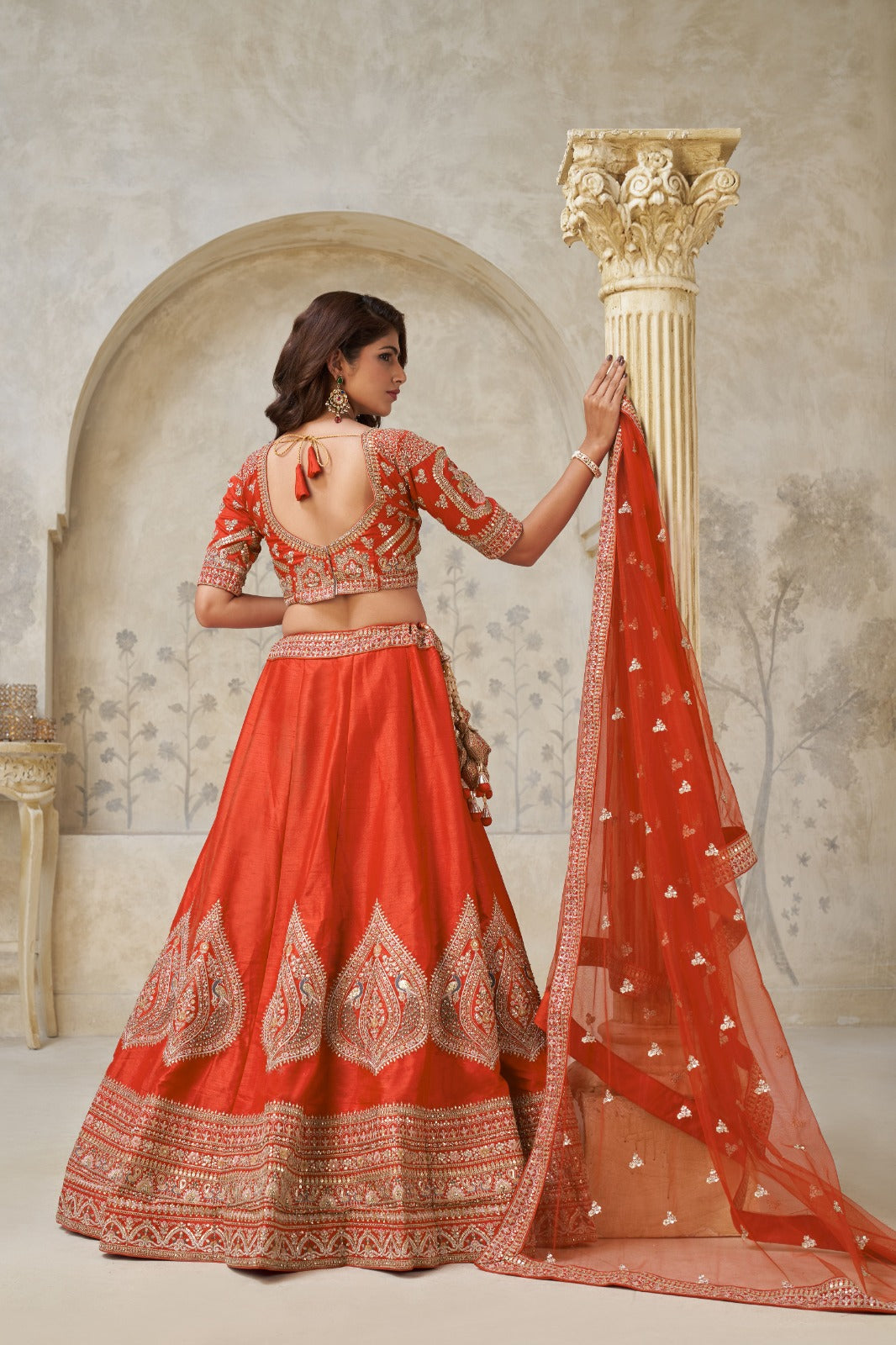 Rust Orange Silk Lehenga with Heavy Zari Leaf Embroidery