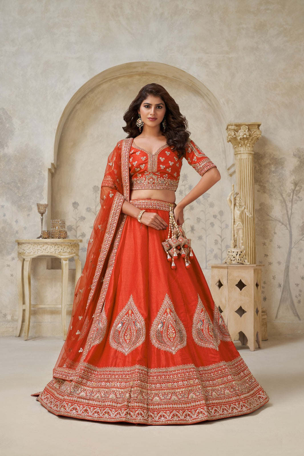 Rust Orange Silk Lehenga with Heavy Zari Leaf Embroidery