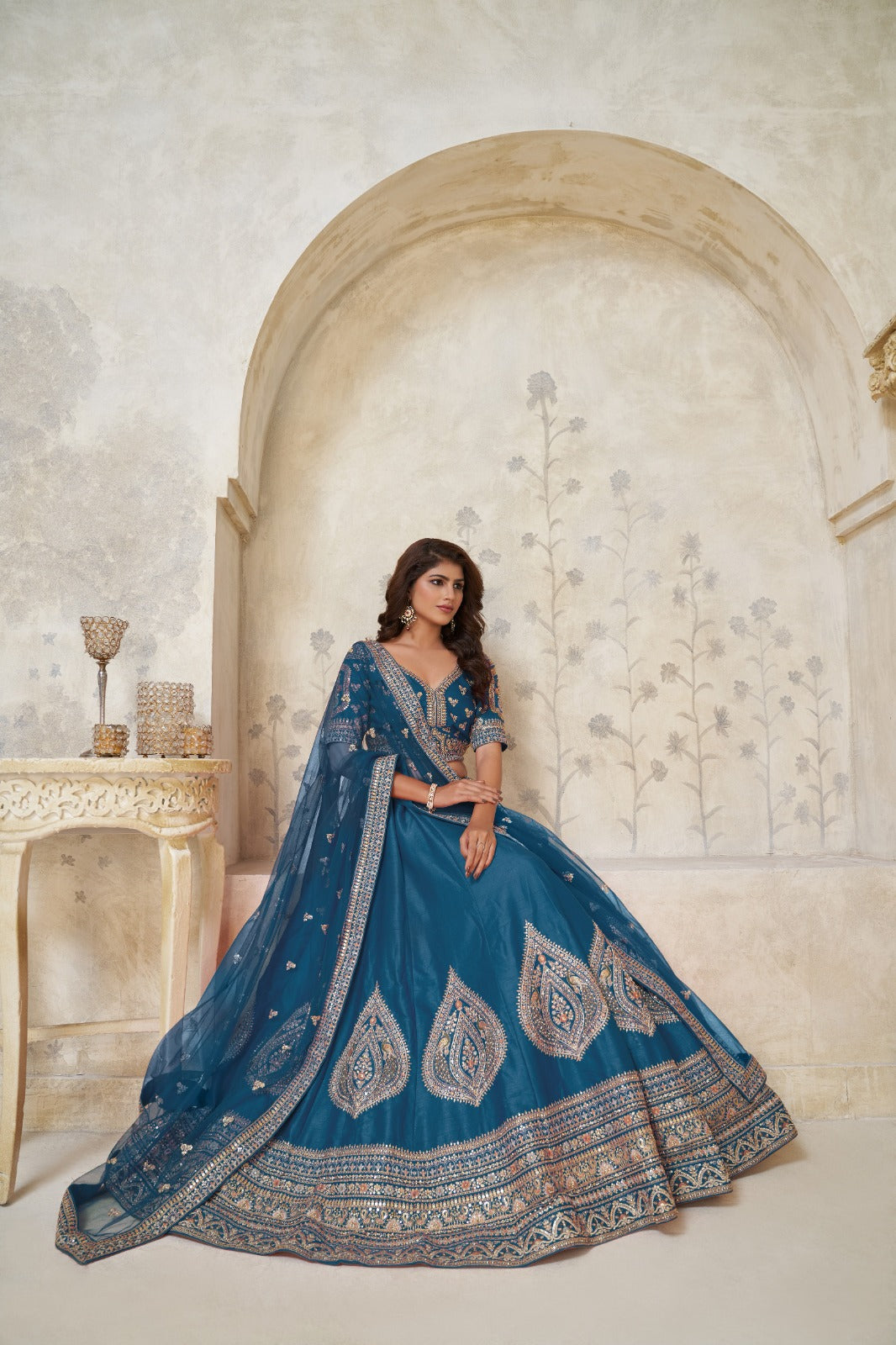 Teal Blue Silk Leaf Embroidered Wedding Lehenga with Net Dupatta