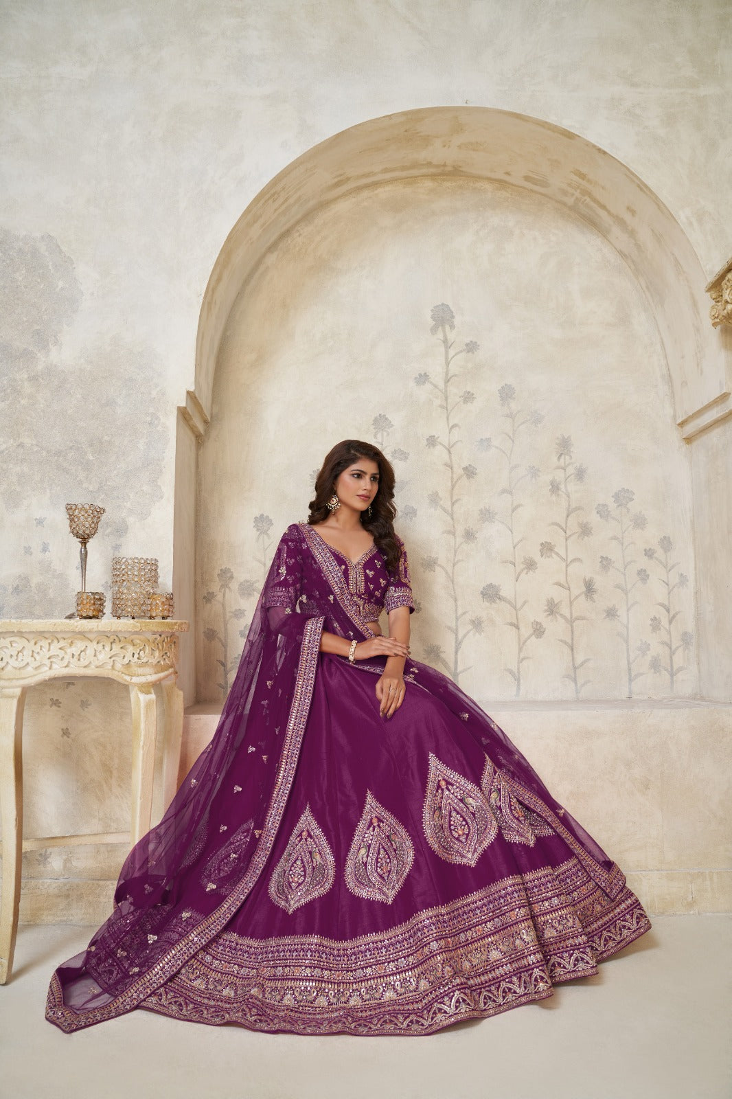Purple Silk Embroidered Bridal Lehenga with Designer Net Dupatta Silk lehenga Anant Tex Exports Pvt.Ltd..