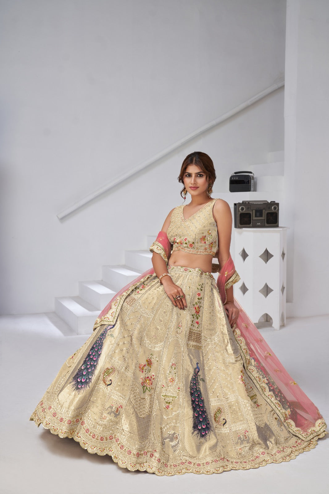 Golden Cream Banarasi Bridal Lehenga with Zari & Peacock Embroidery