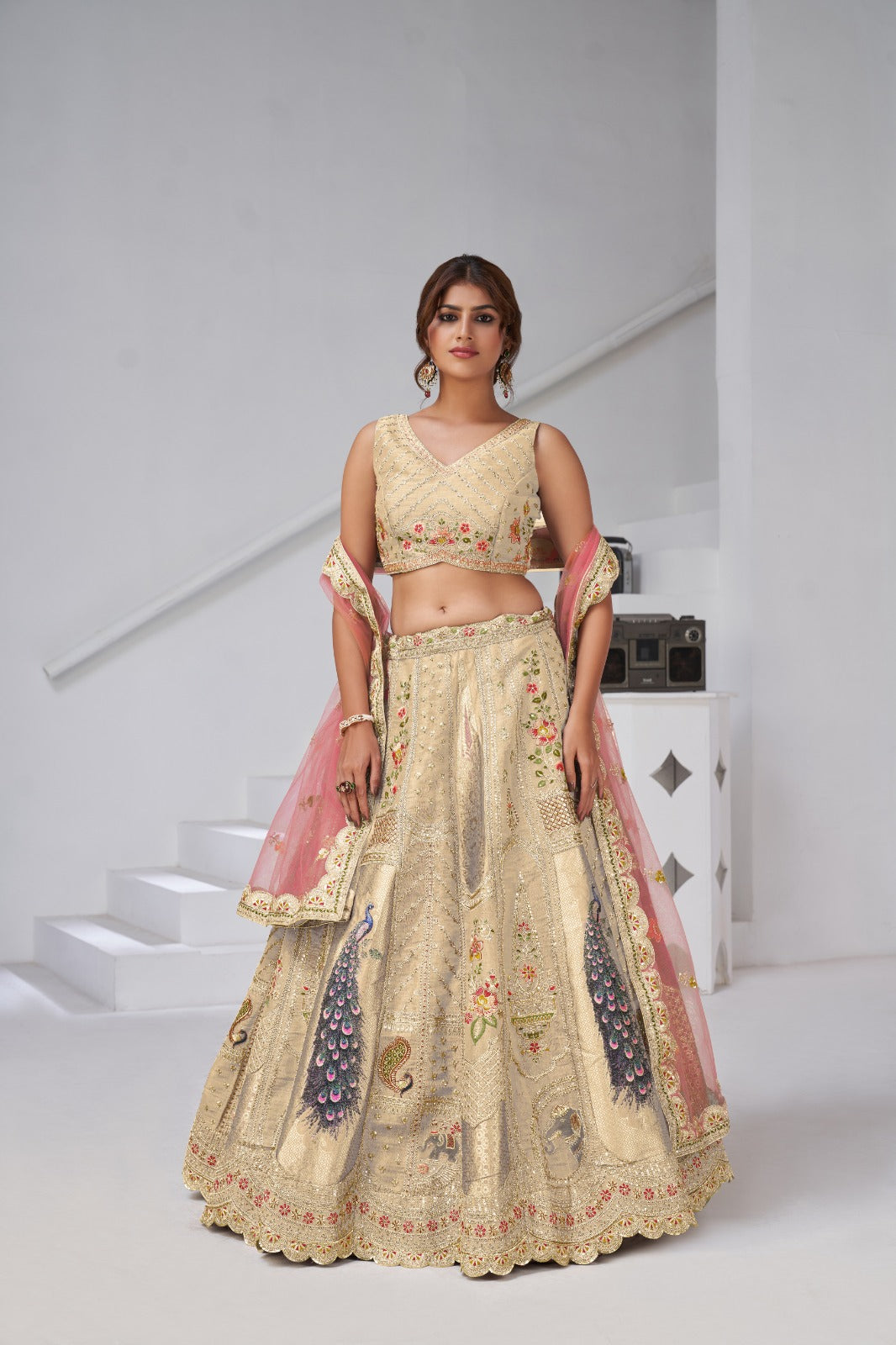 Golden Cream Banarasi Bridal Lehenga with Zari &amp; Peacock Embroidery Silk lehenga Anant Tex Exports Pvt.Ltd..