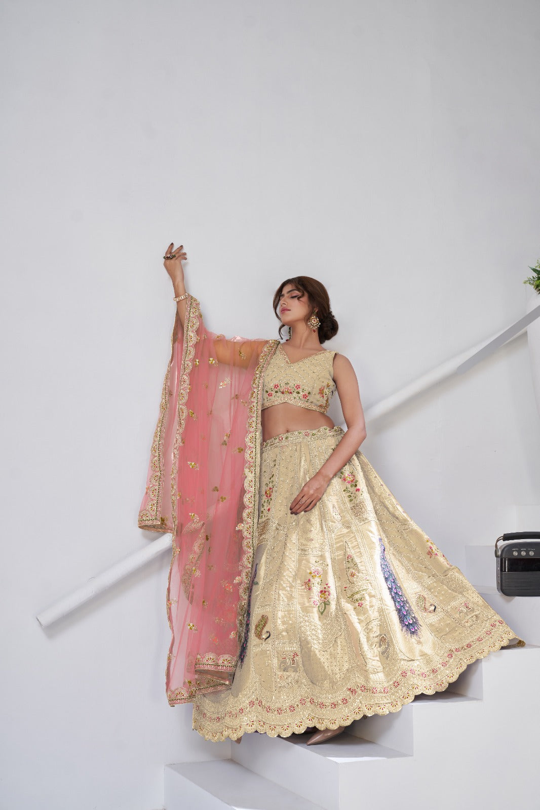 Golden Cream Banarasi Bridal Lehenga with Zari &amp; Peacock Embroidery Silk lehenga Anant Tex Exports Pvt.Ltd..