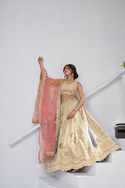 Golden Cream Banarasi Bridal Lehenga with Zari &amp; Peacock Embroidery Silk lehenga Anant Tex Exports Pvt.Ltd..