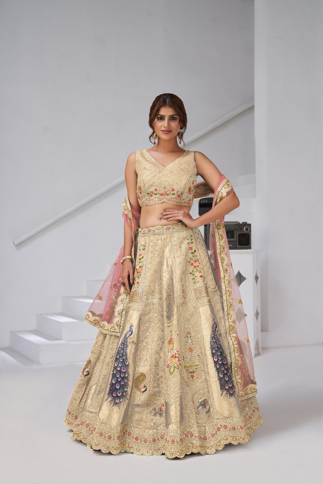 Golden Cream Banarasi Bridal Lehenga with Zari &amp; Peacock Embroidery Silk lehenga Anant Tex Exports Pvt.Ltd..