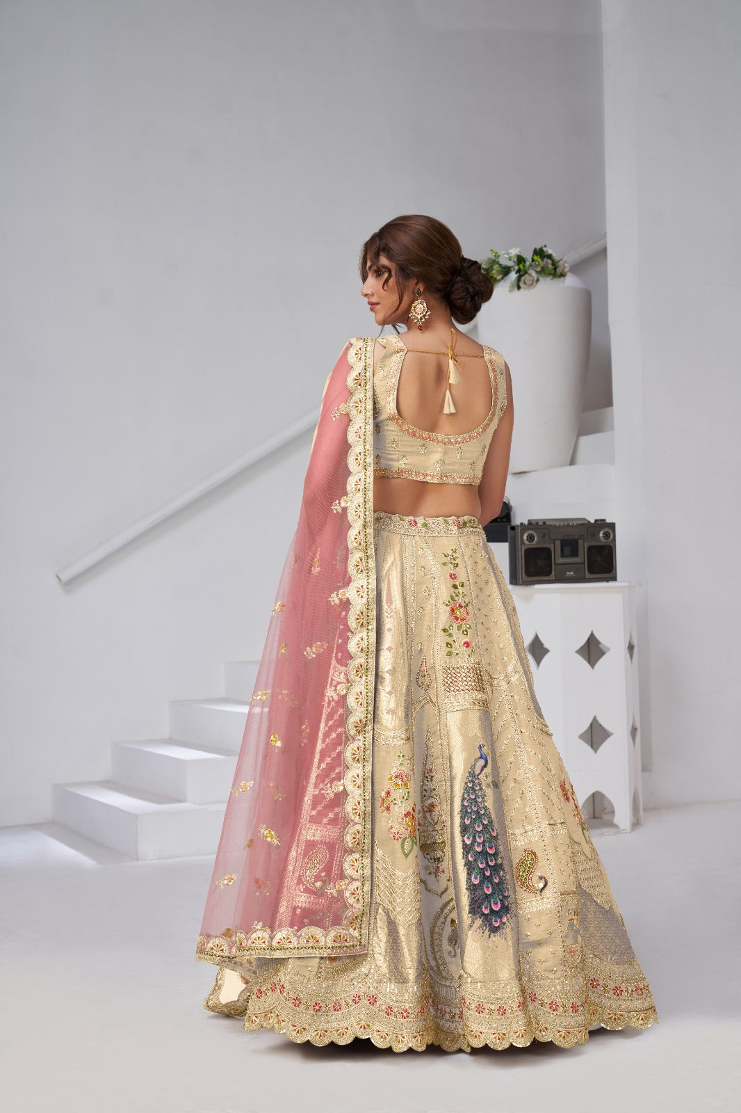 Golden Cream Banarasi Bridal Lehenga with Zari & Peacock Embroidery