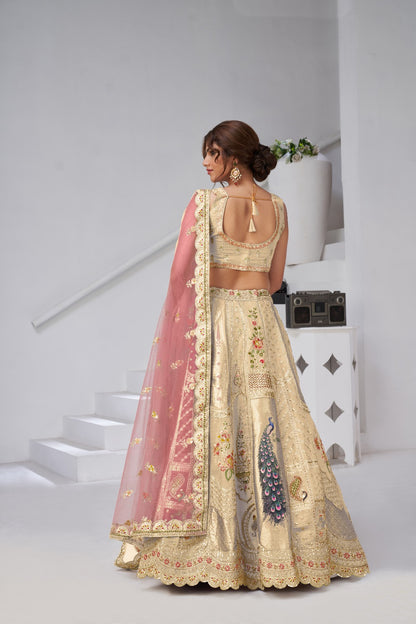 Golden Cream Banarasi Bridal Lehenga with Zari &amp; Peacock Embroidery Silk lehenga Anant Tex Exports Pvt.Ltd..