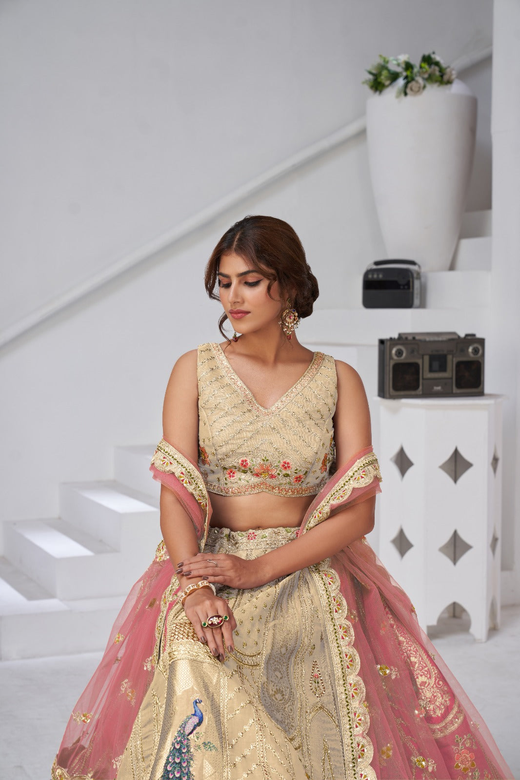 Golden Cream Banarasi Bridal Lehenga with Zari &amp; Peacock Embroidery Silk lehenga Anant Tex Exports Pvt.Ltd..