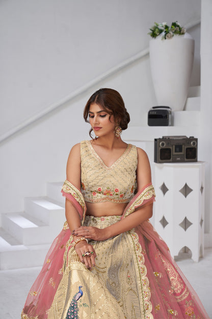 Golden Cream Banarasi Bridal Lehenga with Zari &amp; Peacock Embroidery Silk lehenga Anant Tex Exports Pvt.Ltd..