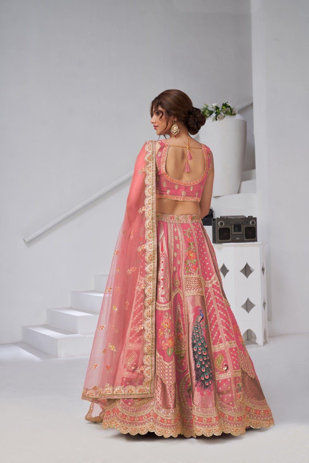 Pink Banarasi Silk Bridal Lehenga with Heavy Peacock Embroidery