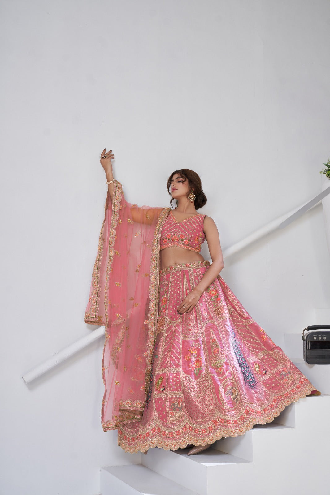 Pink Banarasi Silk Bridal Lehenga with Heavy Peacock Embroidery
